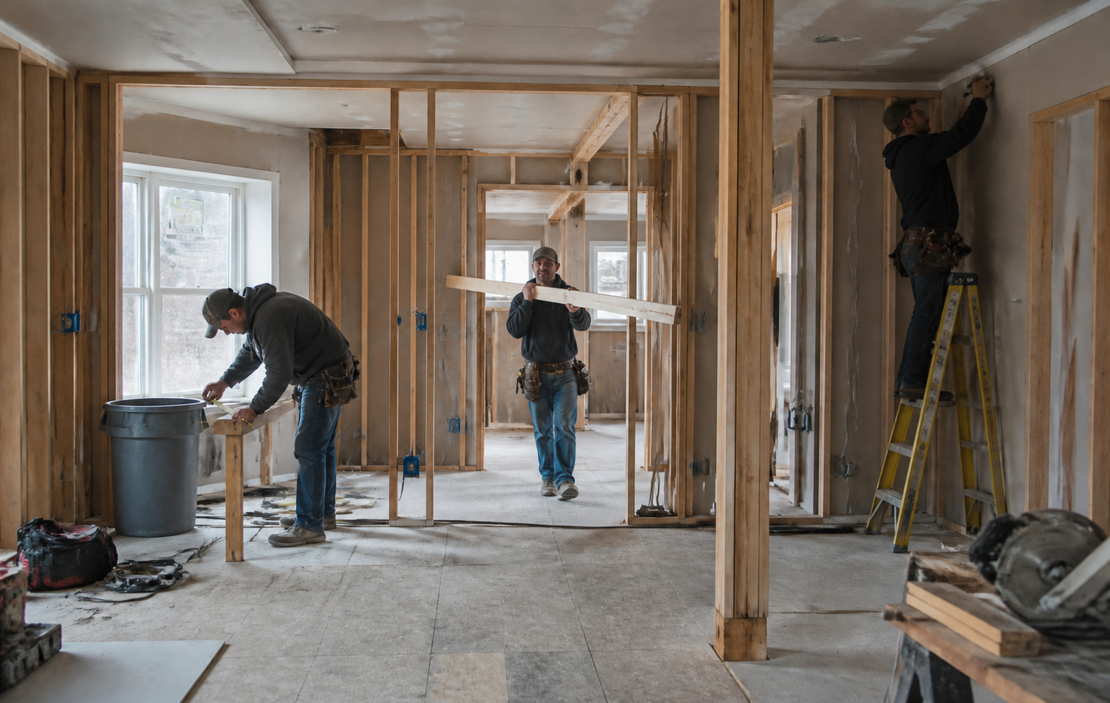 Remodeling contractors working inside a home renovation project